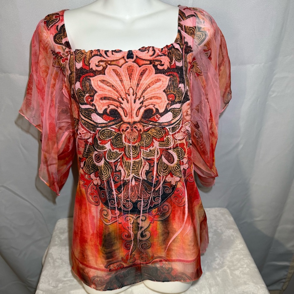 One‎ World Live and Let Live Sheer Sleeve Blouse Ornate Print L